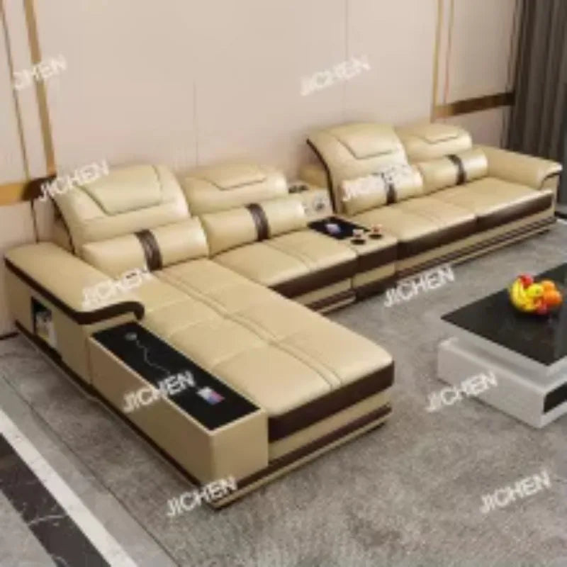 HS Luxury Italian Genuine Leather Sectional Sofa Set With Bluetooth Speaker And USB Ports Cow Leather Divano Living Room Furnitu