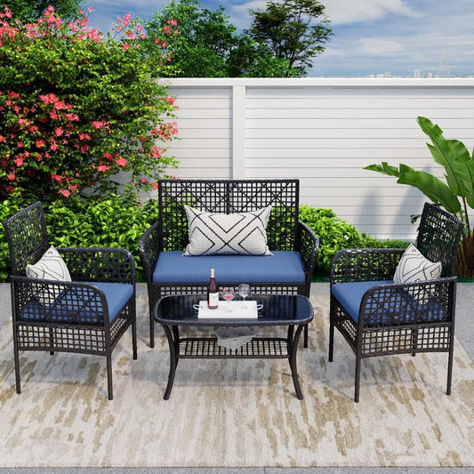 4 Pieces Outdoor Patio Furniture Set, PE Rattan Chairs Wicker Furniture with Coffee Glass Table and Soft Cushions,