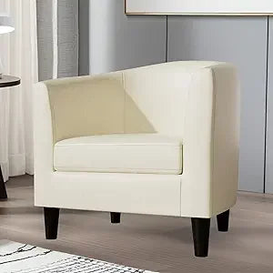 Living Room Chairs with Soft Padded, Barrel Chairs with Solid Wood Legs, Easy Assembly, Leather Chair for Living Room/Bedroom/Re