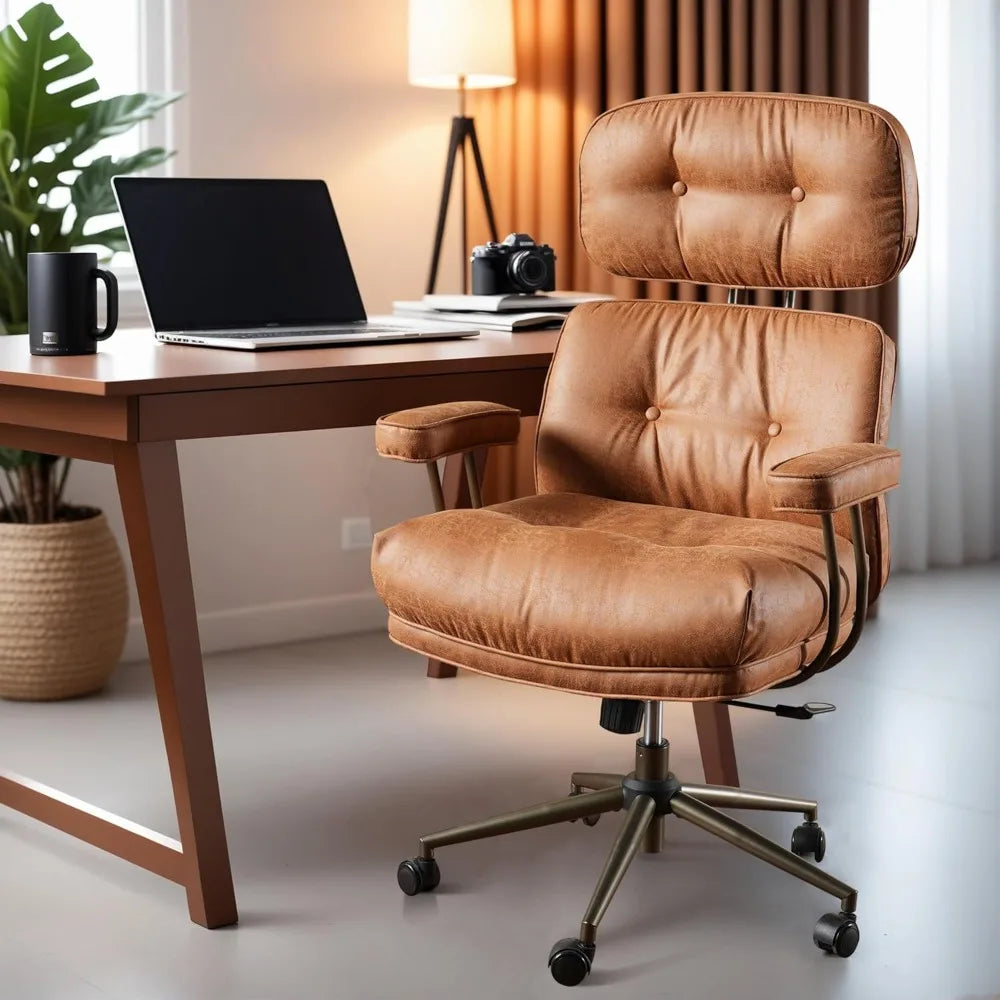 Mid-Century Modern Ergonomic Office Chair with Faux Leather, Lumbar Support, and Thick Cushion