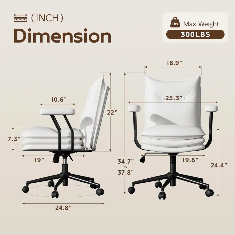 White Leather Office Chair with Wheels, Triple-Layers Thicken Wide Seat Height Adjustable, Mid Back, Comfy Desk Chair for Home,