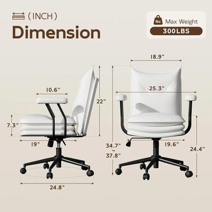 White Leather Office Chair with Wheels, Triple-Layers Thicken Wide Seat Height Adjustable, Mid Back, Comfy Desk Chair for Home,