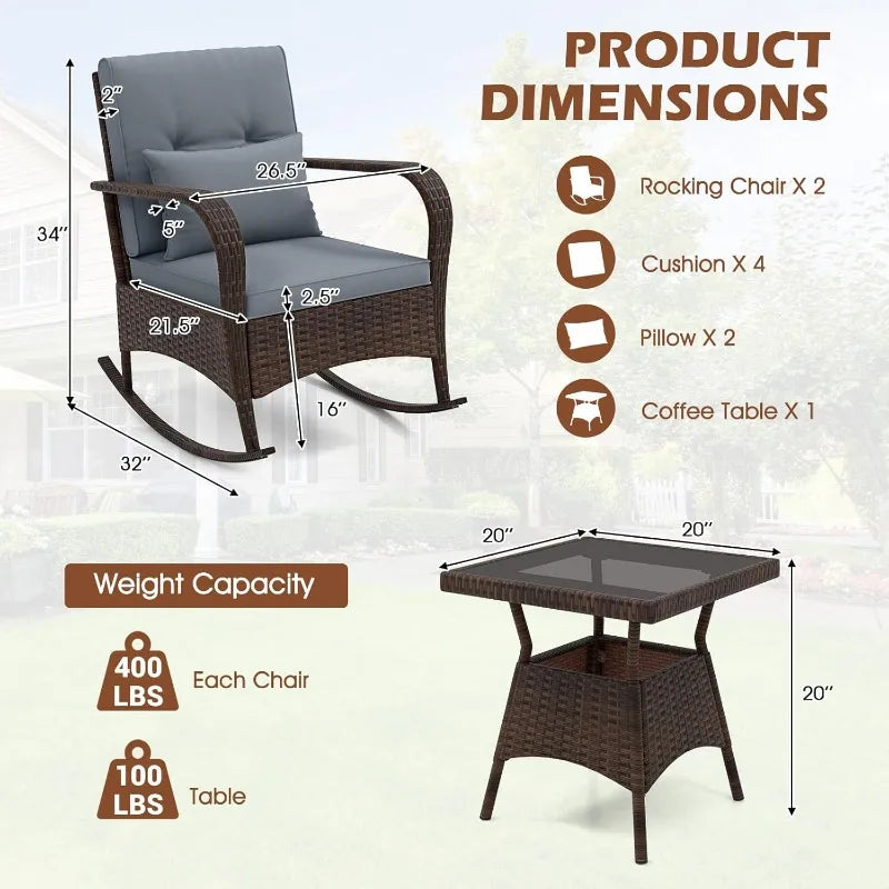 3 Pieces Patio Furniture Set, Outdoor Wicker Rocking Chairs with Cushions, Pillows, Glass Coffee Table, Rattan Bistro Ro