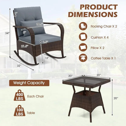 3 Pieces Patio Furniture Set, Outdoor Wicker Rocking Chairs with Cushions, Pillows, Glass Coffee Table, Rattan Bistro Ro