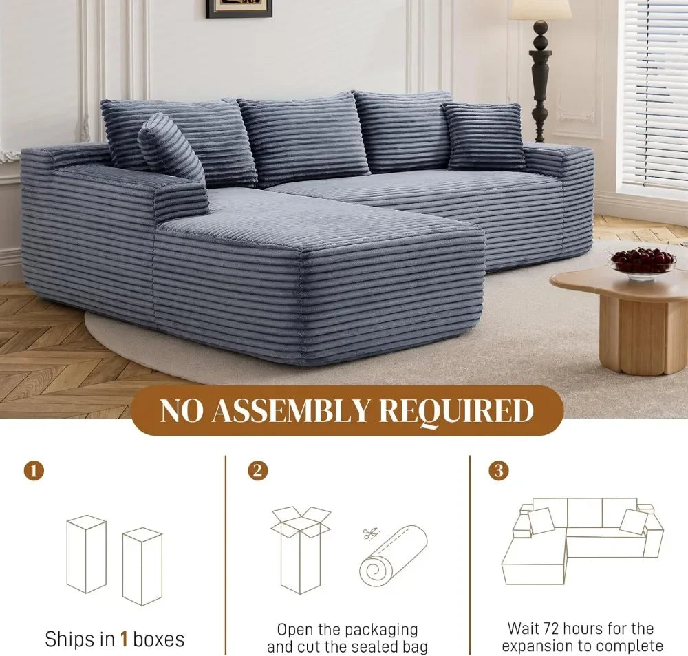 95" Modular Sectional Sofa L Shaped Couch for Living Room, Fluffy Corduroy Deep Seat with Chaise, Grey No Assembly