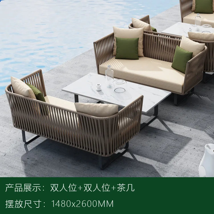 Outdoor Sofa Sunscreen Waterproof Courtyard Terrace Balcony Leisure Rattan Chair Sofa Double Card Seat Rattan Sofa Furniture