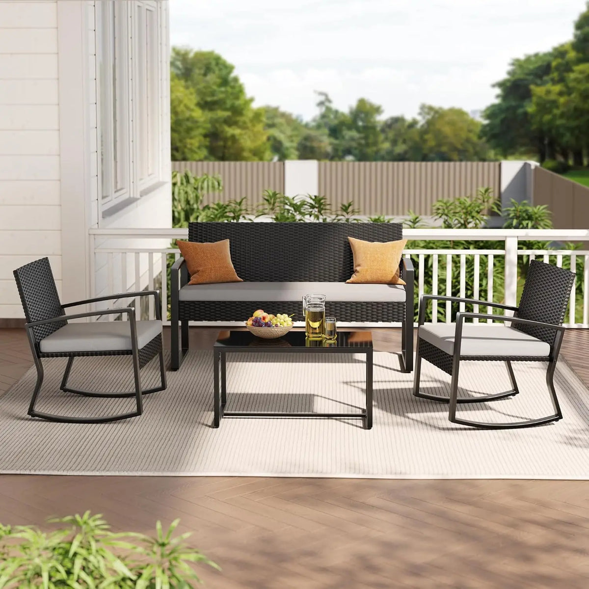 4 Piece Outdoor Patio Furniture Set, Wicker Patio Furniture with Glass Coffee Table, Rocking Wicker Bistro Set, for Backyard-HOT