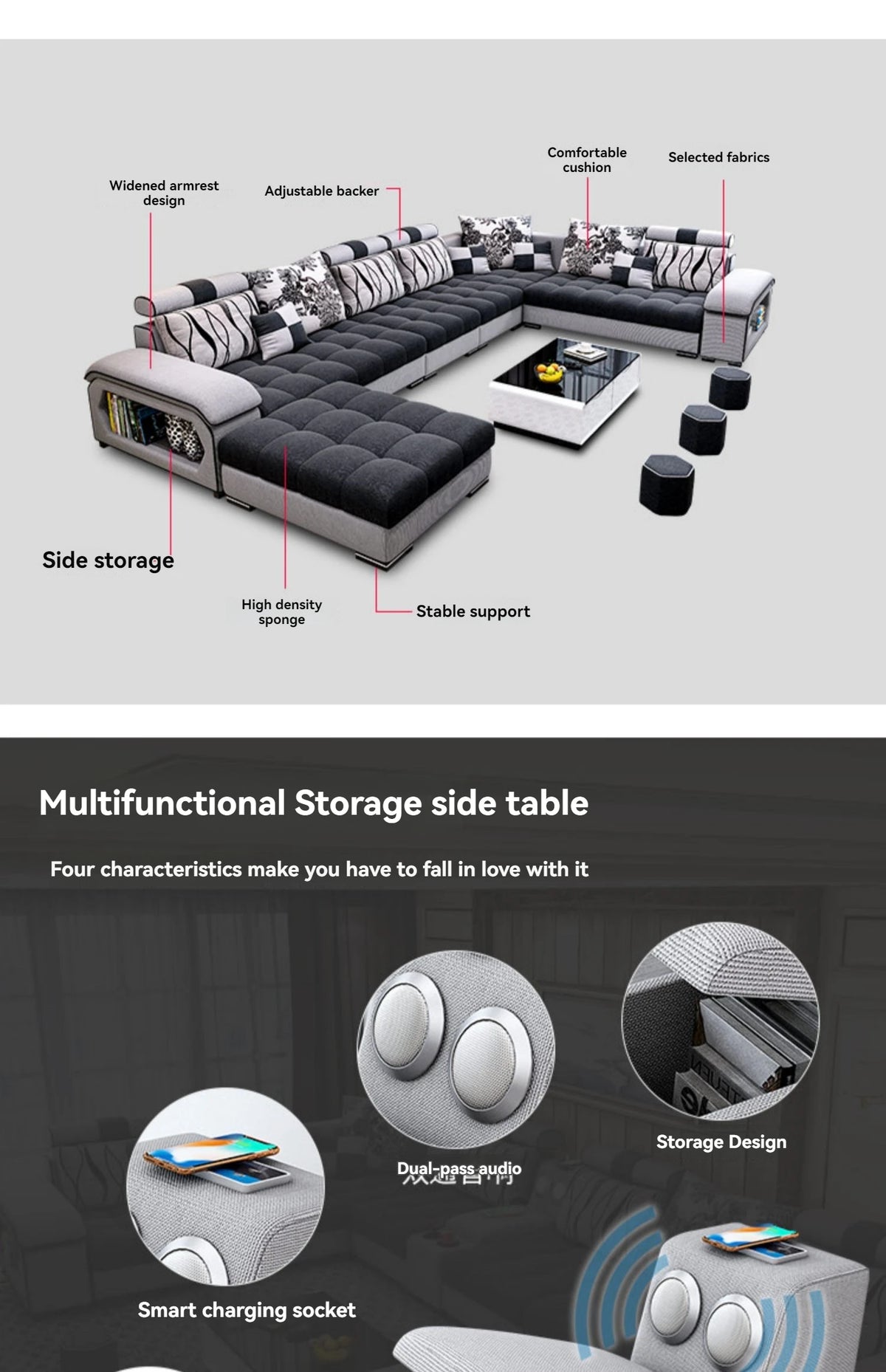 Sectional Couches for Living Room with Smart Bluetooth Speaker Charging Sectional Sofa Set with Chaise L-Shape Sectional Couch