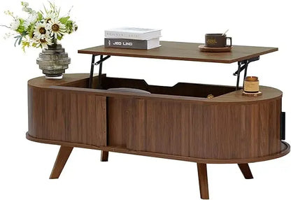 Small Lift Top Coffee Table with Sliding Tambour Door, 47.3" Mid Century Modern Curved Coffee Table with Storage, Oval Center Ta