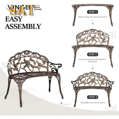 For 38.5" Patio Park Garden Outdoor Metal Rose Bench,Cast Iron Cast Aluminium Frame Antique Finish Chair Deck Furniture