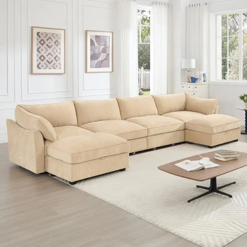 U-Shaped 4-Seat Deep Seat Sofa Couch with 2 Movable Ottomans, Oversized Modular Sectional Sofa with Storage Drawers Under Each