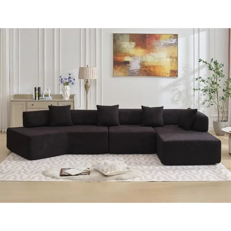 Modern Minimalist Sectional Sofa: L-Shape Cloud Couch with Deep Seats Right Chaise - Black