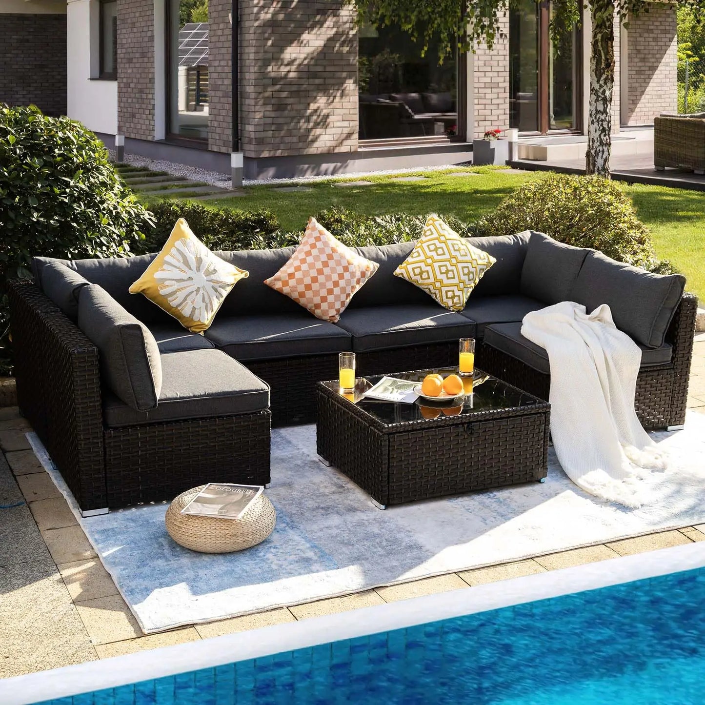 Aluminum Patio Furniture Modern Outdoor Sofa Rattan Garden Sofa with Storage Coffee Table (Grey)