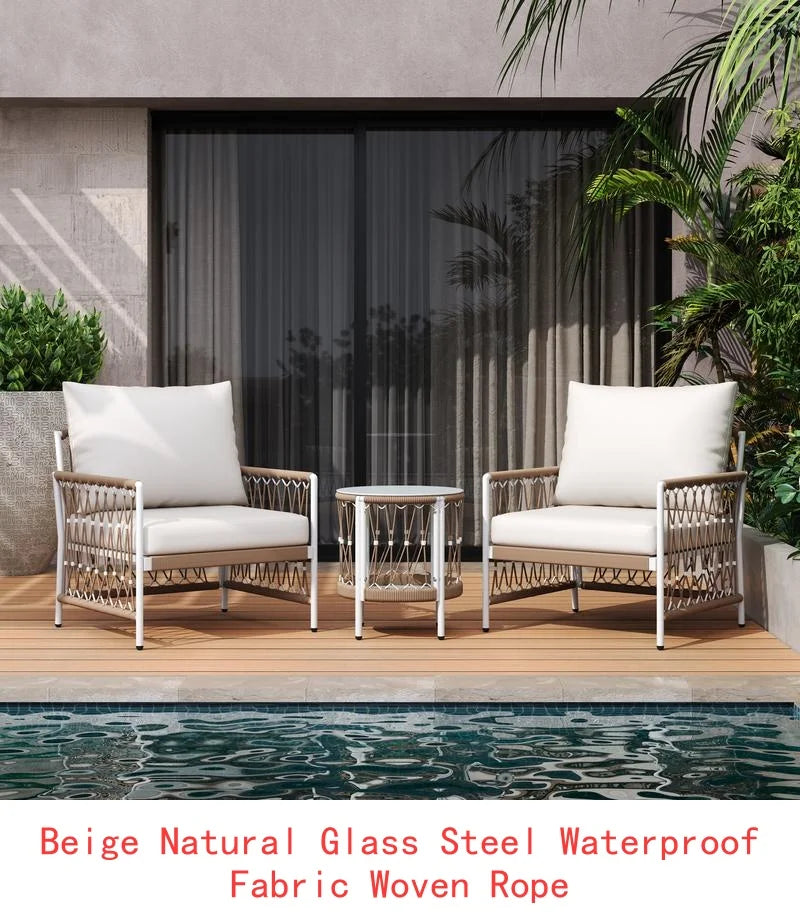 3-Piece Bohemian Outdoor Furniture Set with 2 Swivel Chairs and Glass Top Table - Handwoven Rope and Powder-Coated Steel Frame