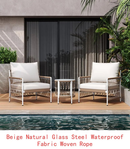 3-Piece Bohemian Outdoor Furniture Set with 2 Swivel Chairs and Glass Top Table - Handwoven Rope and Powder-Coated Steel Frame