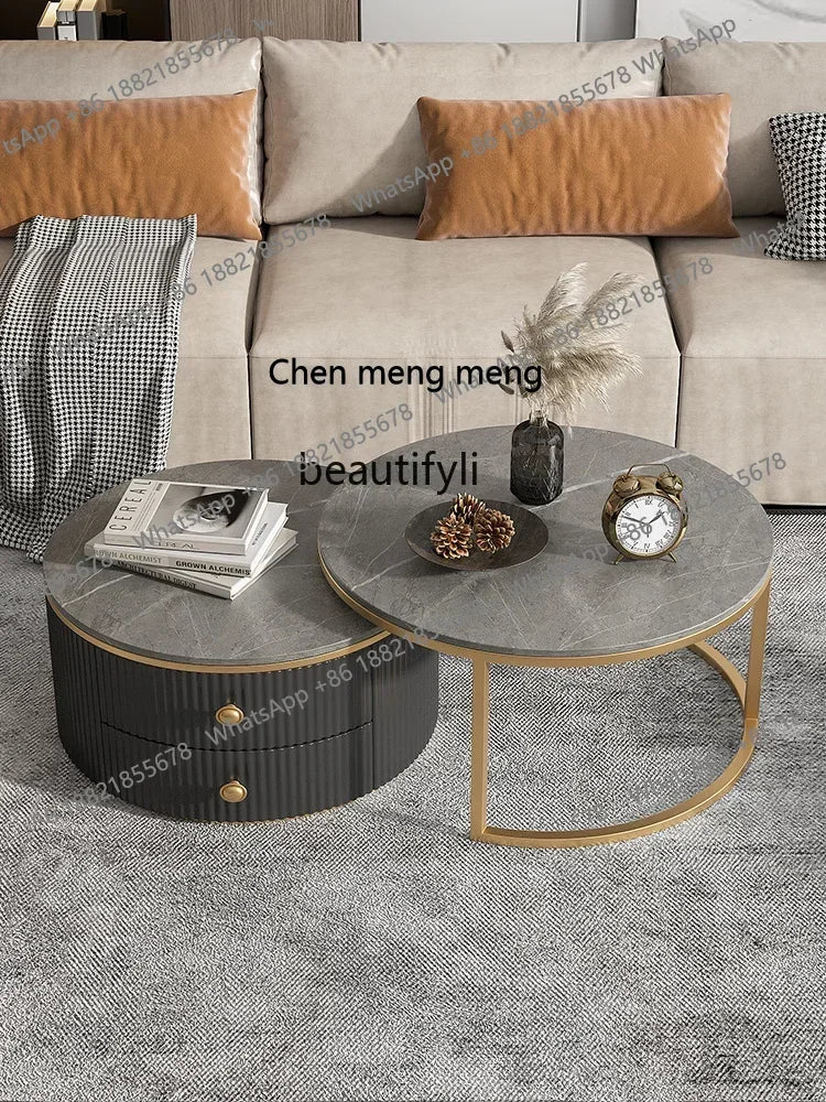 Rock slab coffee table round light luxury TV cabinet combination living room household marble size round