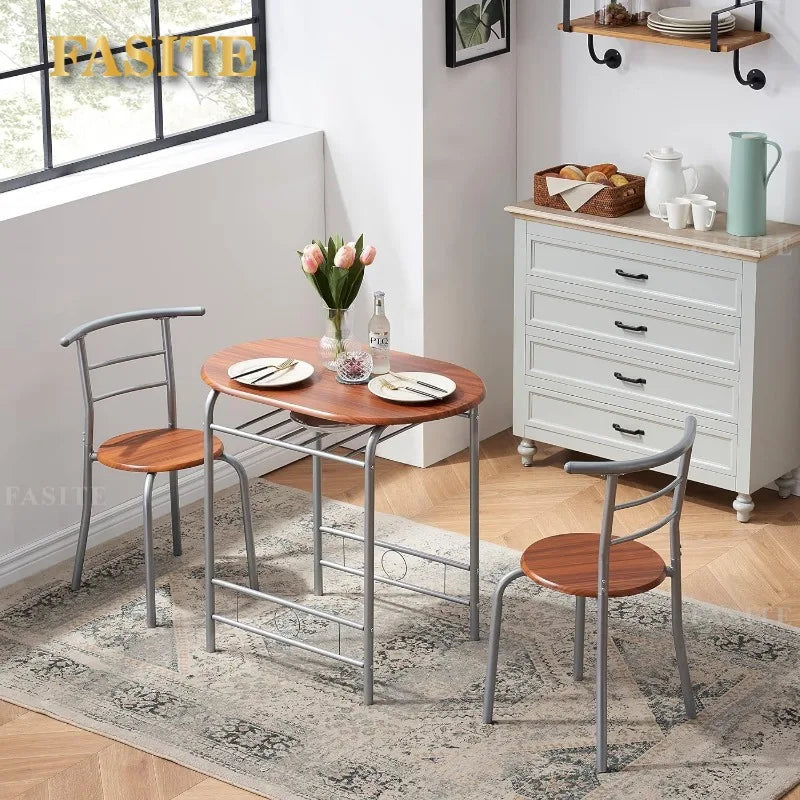 3 Piece Wood Round Table & Chair Set for Dining Room Kitchen Bar Breakfast, with Wine Storage Rack, Space Saving