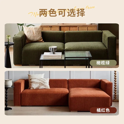 Retro corduroy tofu sofa straight row small apartment living room corner combination fabric small sofa
