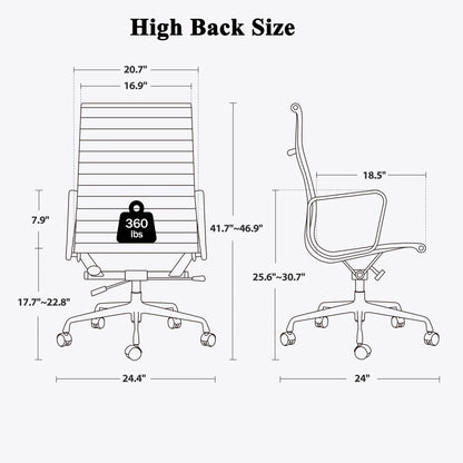 High Back Ribbed Genuine Leather Office Chair Adjustable Ergonomic Computer Chair with Aluminium Alloy Frame  Swivel Chair