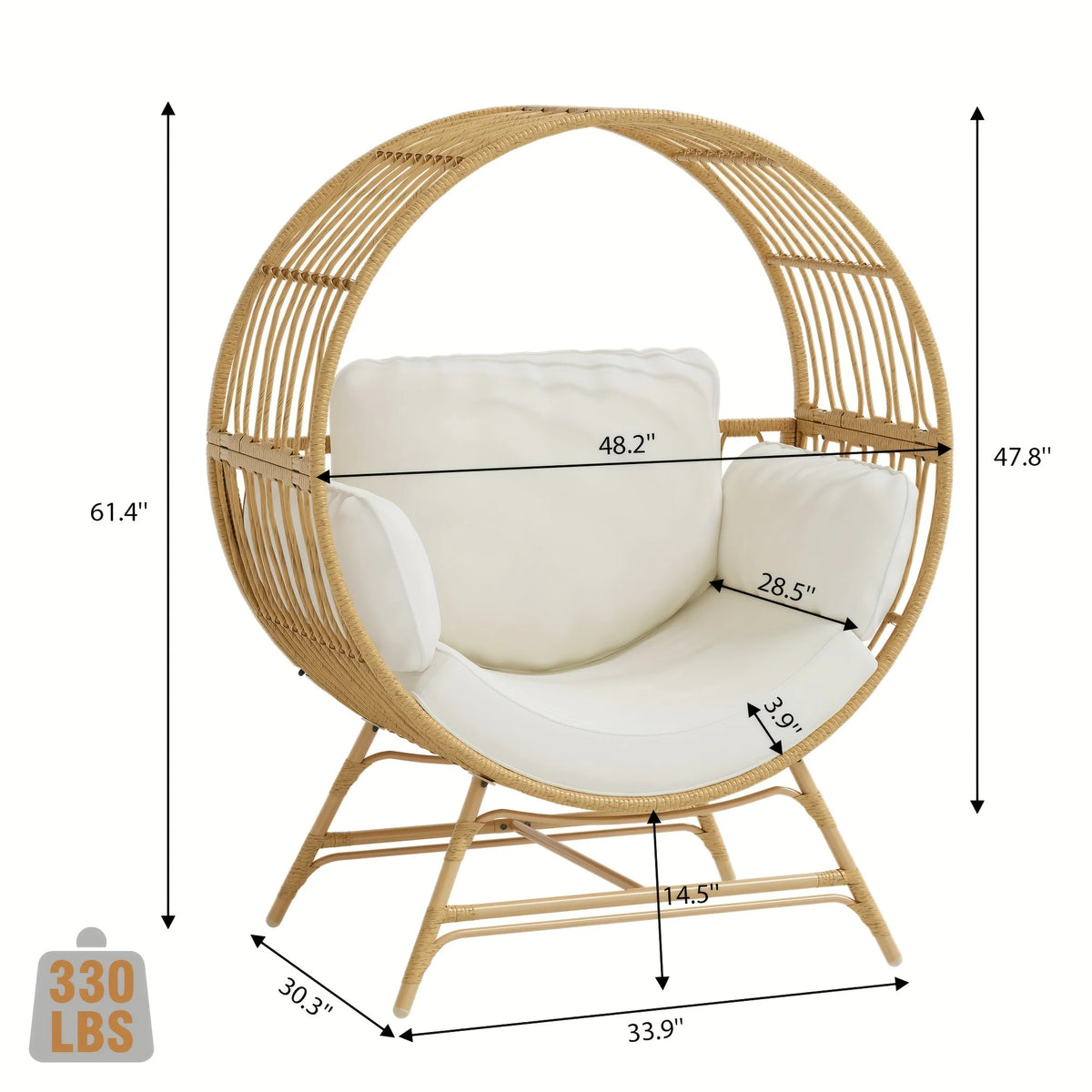 Wicker Round Egg Chair, Oversized Outdoor Lounger For Patio, W/ 4 Cushions, Steel Frame, 330lbs, Rattan Moon Chair