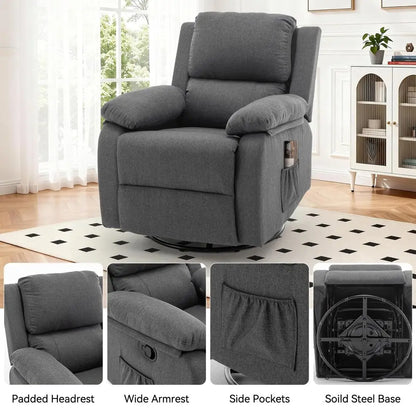 Recliner Chair, 360 Swivel Rocker Chair for Adults, Small Rocking Recliner for Small Spaces, Upholstered Fabric Glider Recliner