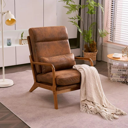 Mid-Century Modern Chair with Pillow High Back Bronzing Cloth Upholstered Lounge Arm Chair with Solid Wood Frame & Soft Cushion