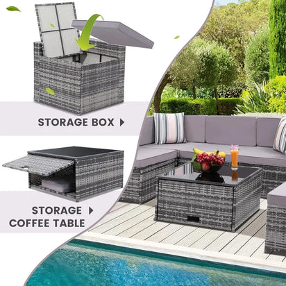 8-Piece Wicker Patio Sectional Set with Glass Top Table and Hidden Storage, Grey Rattan with Light Grey Cushions