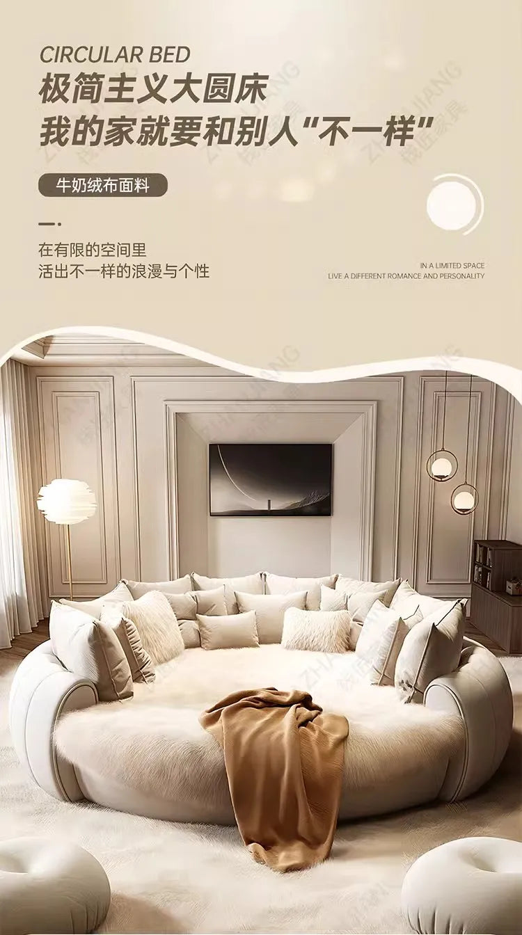 Bedroom Furniture Fabric Cream Style Double Wedding Bed Modern 200 X 200 Home Hotel Design Round Bed King Size Wooden Wood