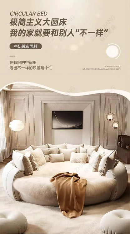 Bedroom Furniture Fabric Cream Style Double Wedding Bed Modern 200 X 200 Home Hotel Design Round Bed King Size Wooden Wood