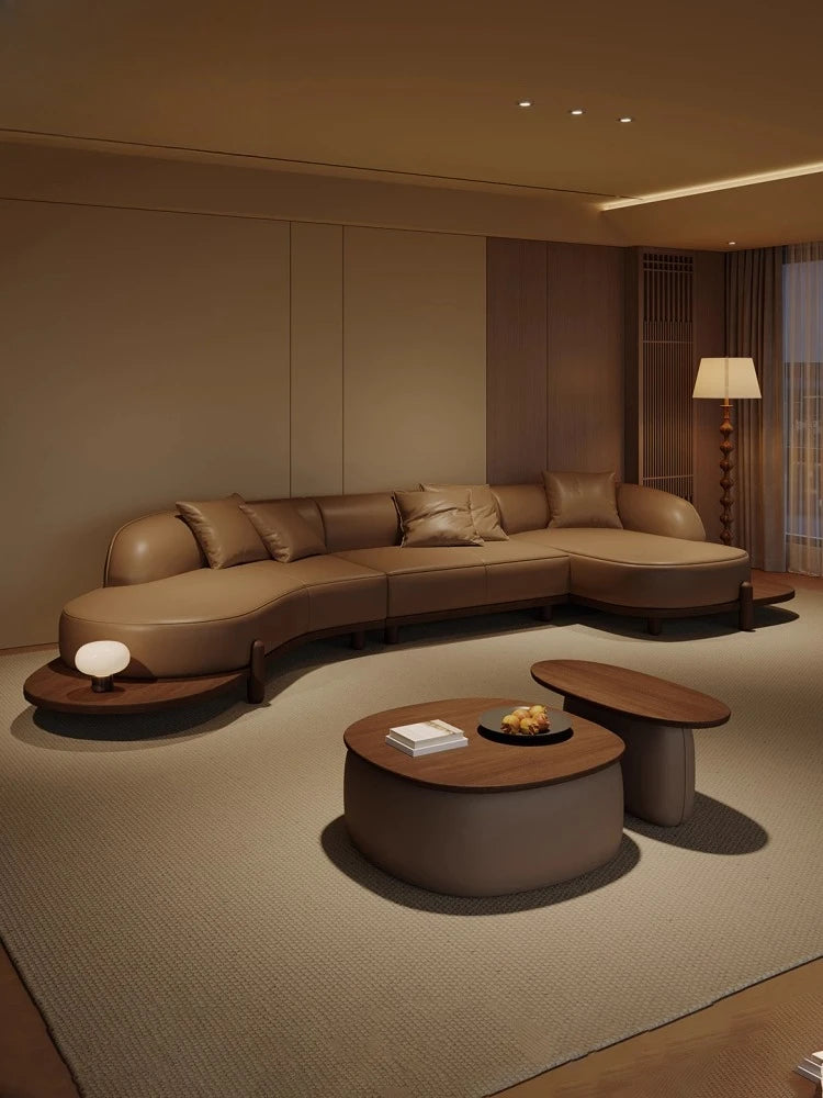 Log wind special-shaped corner sofa leather light luxury high-end sense Song-style aesthetics simple modern living room 2025 new