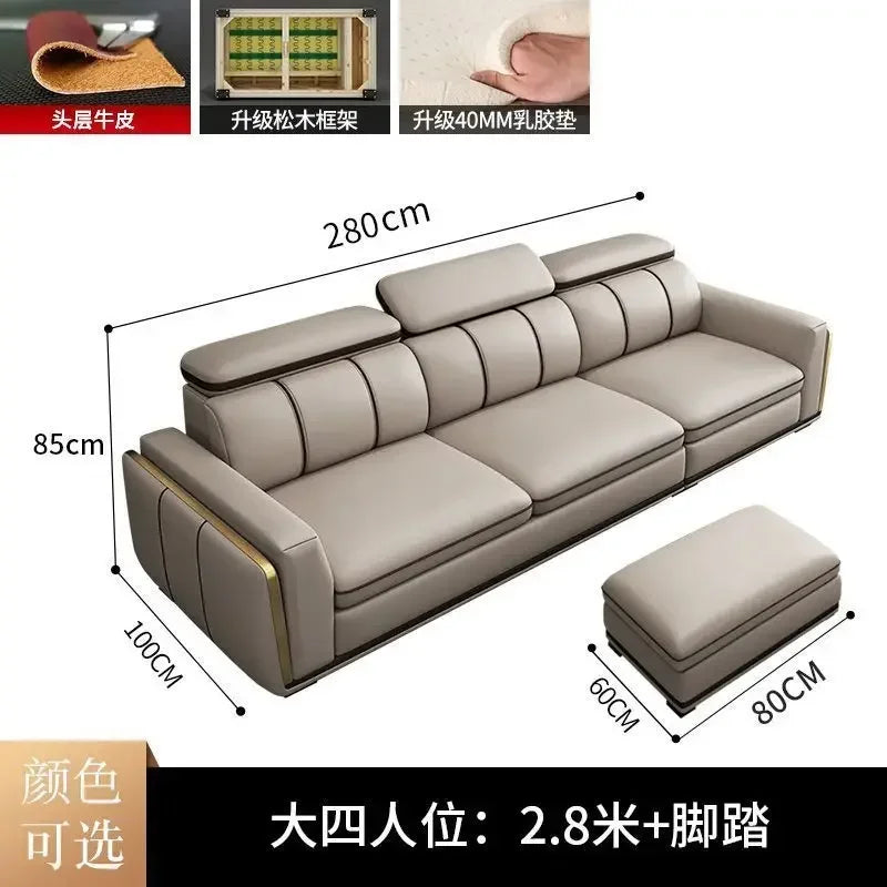 Light luxury first-layer cowhide leather sofa, living room size, straight row concubine combination household leather sofa