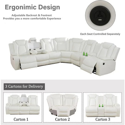 Power Reclining Sectional Sofa USB Chargers and Storage Console, Leather Recliner Sofa for Living Room Furniture Set