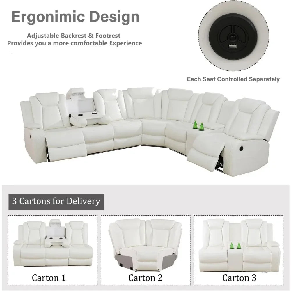 Power Reclining Sectional Sofa USB Chargers and Storage Console, Leather Recliner Sofa for Living Room Furniture Set