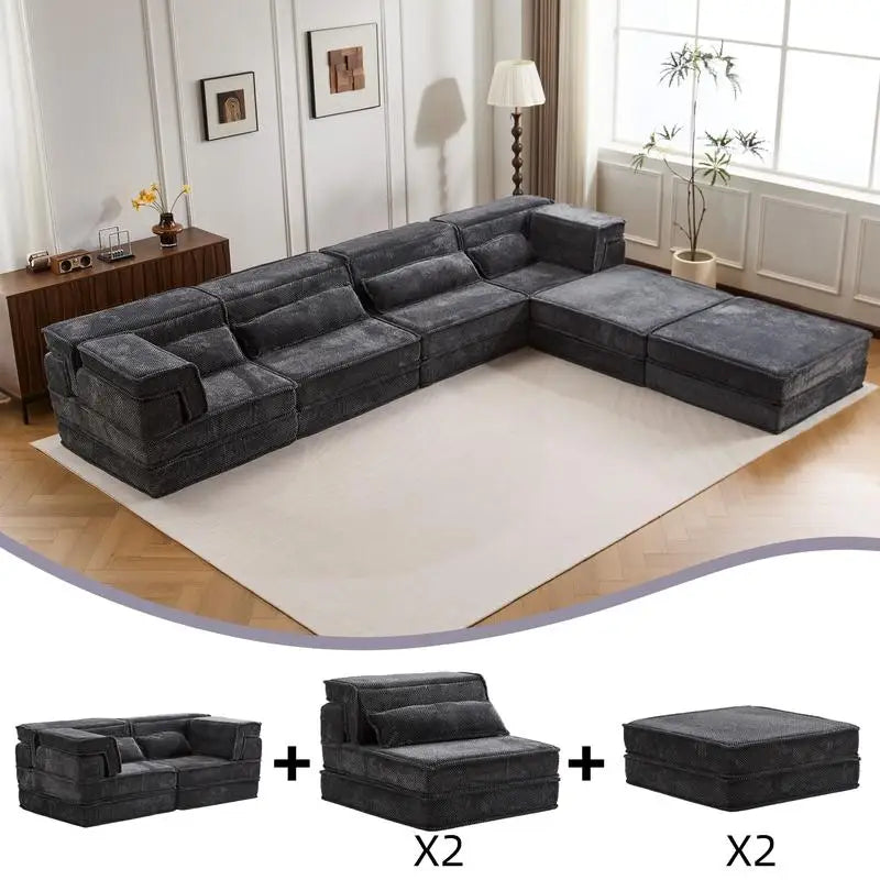 Modular Convertible Floor Sofa Bed, DIY Boneless Sectional Sofa, No Assembly Needed, Oversized 4-Seater with 2 Ottomans, Dark