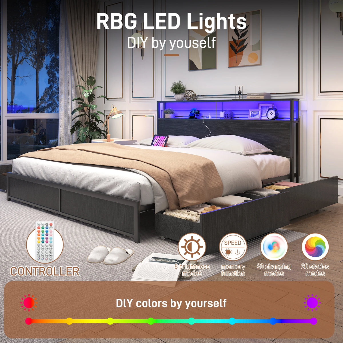 LED Bed Frame Full/QueenKing Size with 2 USB Ports and Outlets, Platform Metal Bed Frame with 4 Storage Drawers and Headboard