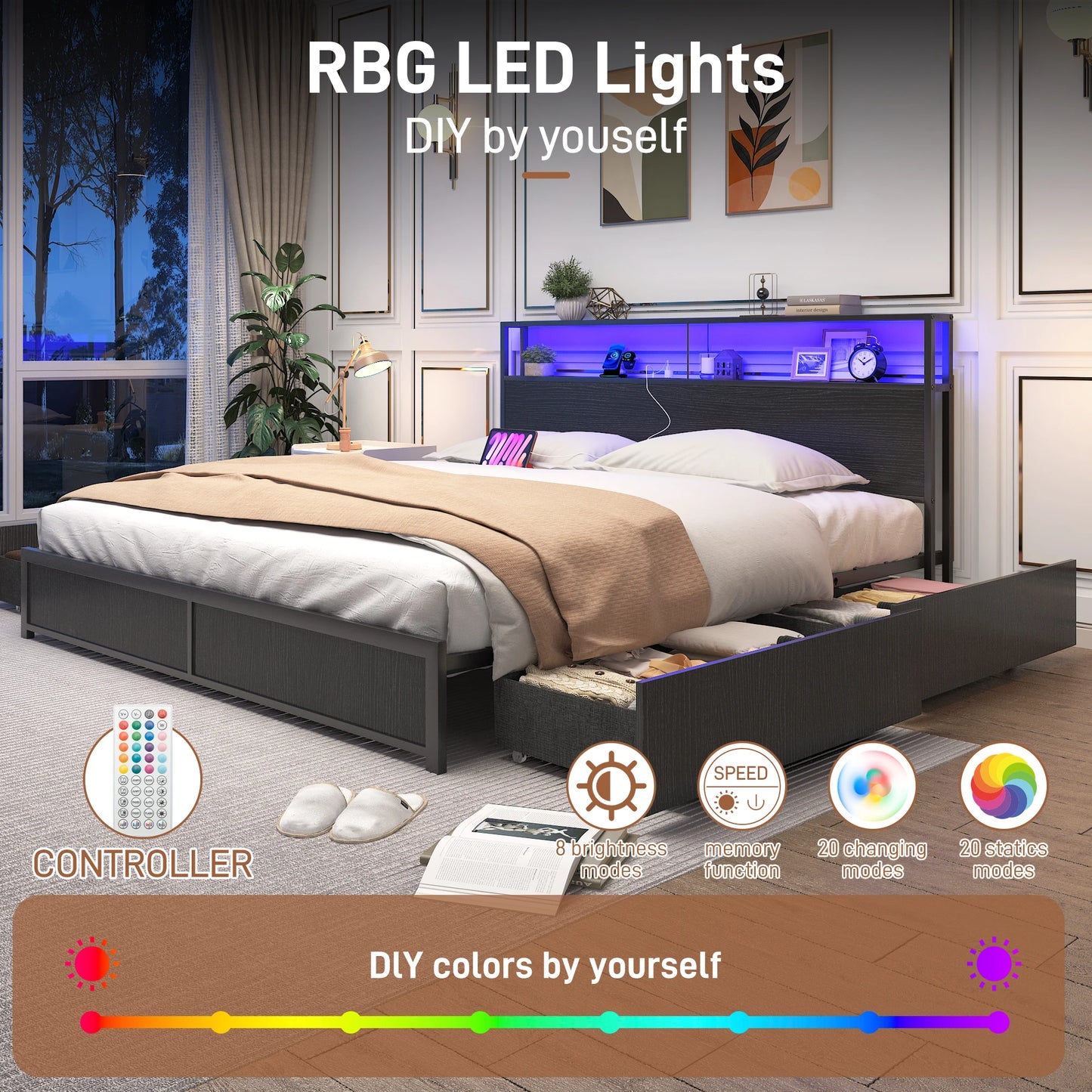 LED Bed Frame Full/QueenKing Size with 2 USB Ports and Outlets, Platform Metal Bed Frame with 4 Storage Drawers and Headboard