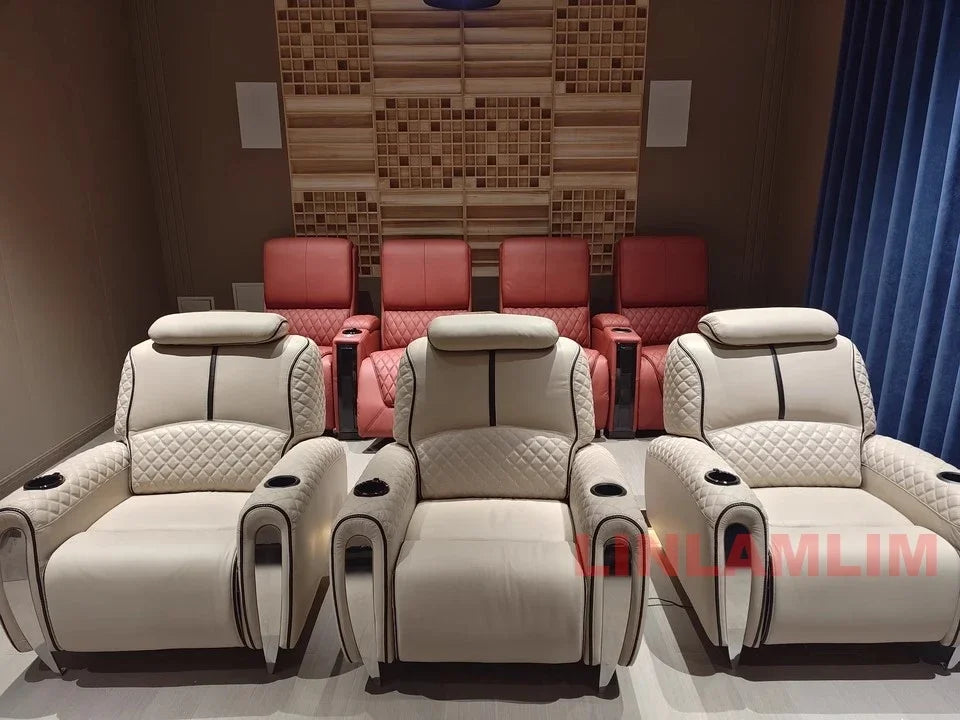 Luxury Electric Recliner Theater Seating Sofa – Modern Home Theater Chairs with LED Lighting, USB, Massage, Cooling Cup Holder