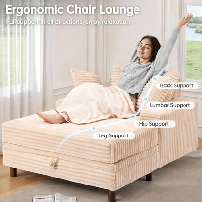 54" Oversized Chaise Lounge Chair Indoor, Comfy Sofa Bed with Storage and Ottoman, Upholstered Reading Chairs Cloud Couches, Kha