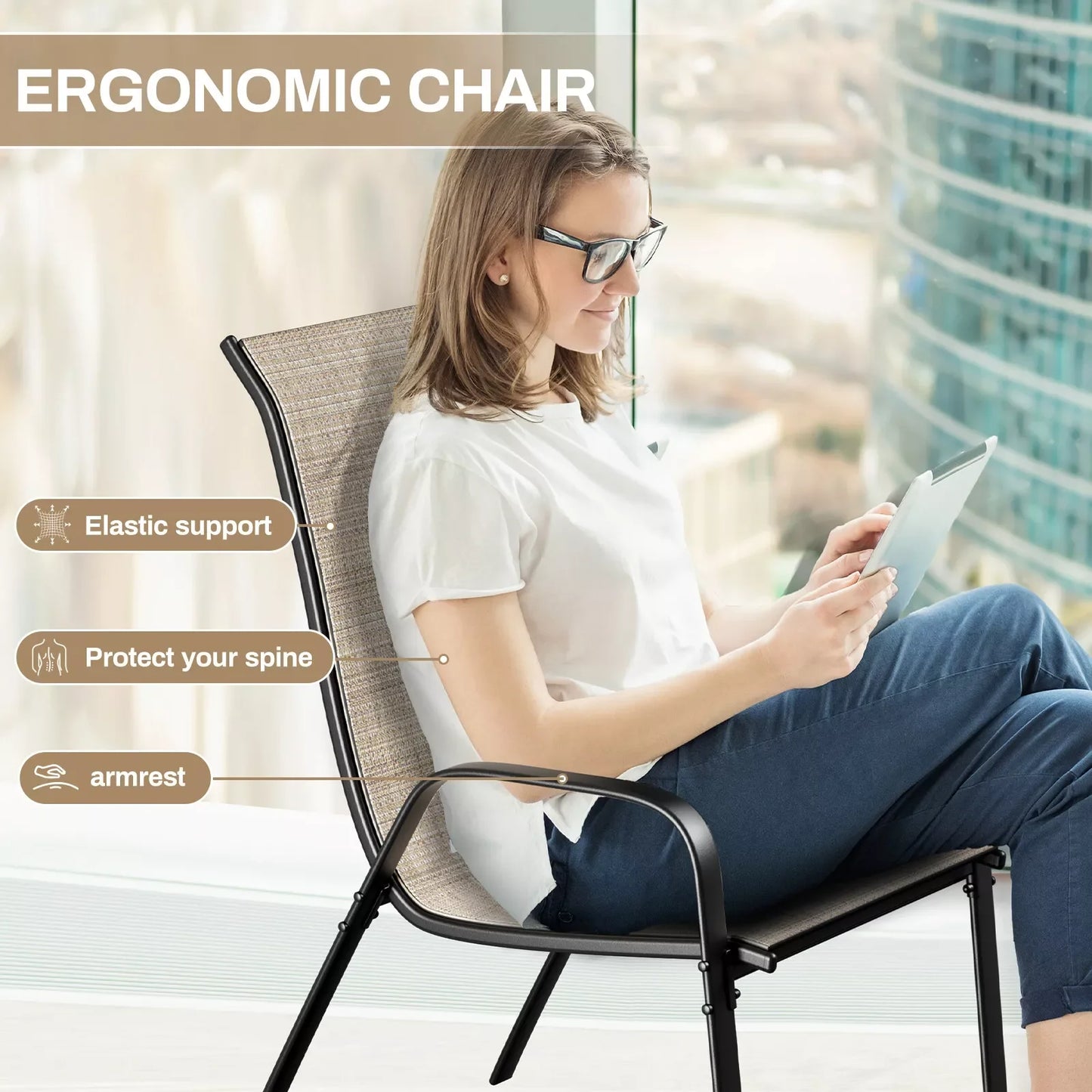 Set of 8 Patio Dining Chairs Stackable Armrest Backrest ,Outdoor  Chairs Breathable Waterproof fabric W/ Heavy Duty Metal Frame