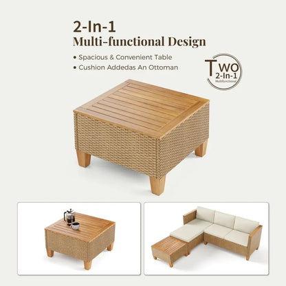 Wicker Outdoor Patio Furniture Set 3 Pieces Patio Chaise Longue Conversation Set, Rattan LShaped Sofa Couch with Acacia Wood Co