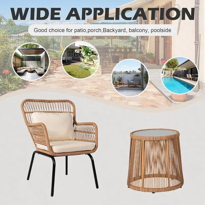 3 Piece Outdoor Wicker Furniture Bistro Set, Rattan Chairs Conversation Porch