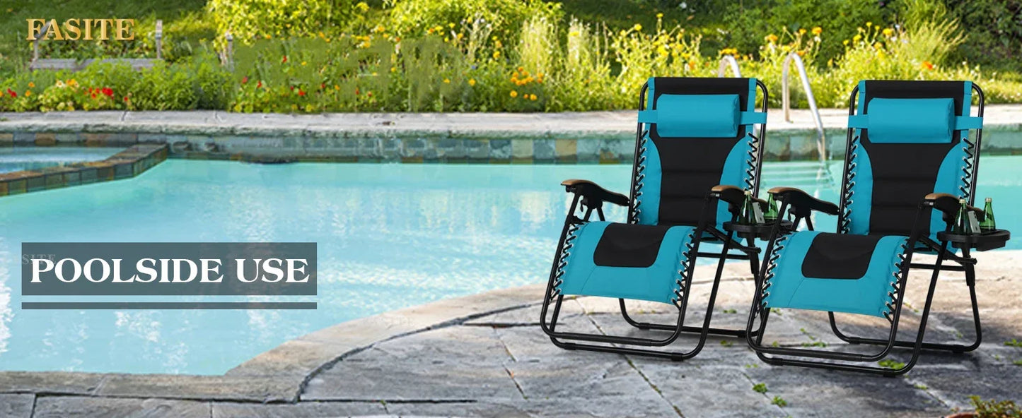 Padded Zero Gravity Lounge Chair Folding Patio Recliner with Adjustable Headrest & Cup Holder, Support 350 LBS (Grey)