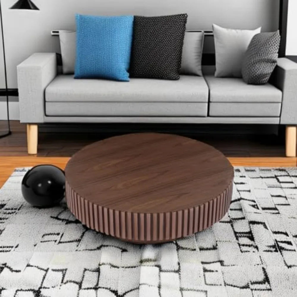 Walnut Round Coffee Table, Modern Luxury Wood Circle Drum Center Table for Living Room, Accent Side End Tea