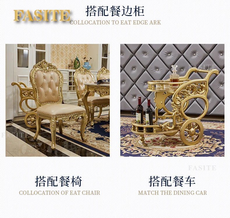 European round dining table and chair combination full solid wood carving flower dining table French marble round dining table