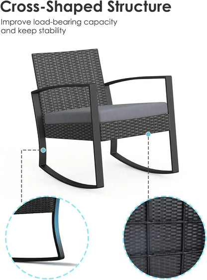 2025New3 Piece Wicker Patio Furniture Set, Outdoor Rocking Chairs, Outdoor Furniture with Table & Cushions, Patio Chairs Balcony