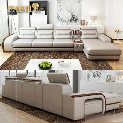 Genuine Leather Sofa With Bluetooth Speaker,USB And Adjustable Headrests - Nordic Italian Couch For Living Room Economically