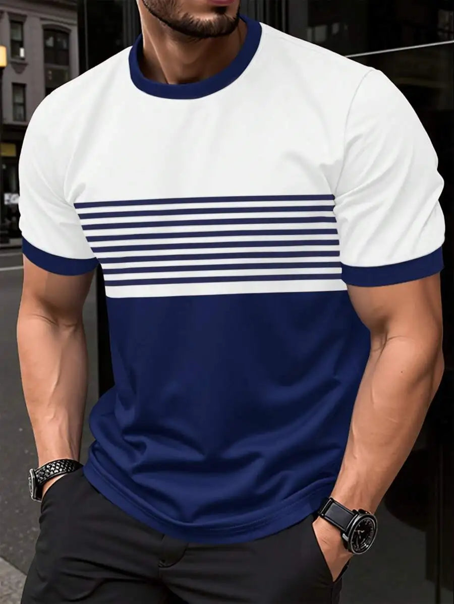 Outdoor Men's T Shirt Summer Fashion Casual Round Neck Short Sleeve Top Striped Printed Style Asian Size Men's Clothing T-shirt