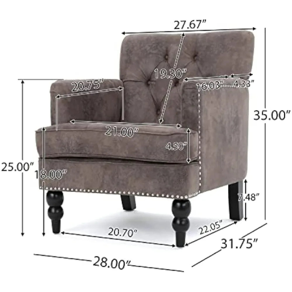 "medford brown upholstered club chair with fabric accents and nailhead trim"