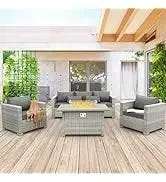 PatioLix Qwaroom Set 6 piece Grey Wicker outdoor furniture patio sectional sofa couch PE rattan conversation sets