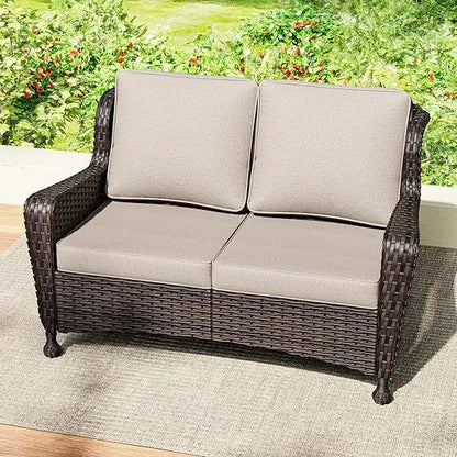 Outdoor Wicker Loveseat with Cushioned Seats, Weather-Resistant, High Back and Wide Armrests for Patio and Balcony